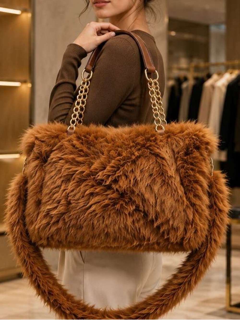 NEW RELEASE! Plush Faux Fur Tote Bag in Chestnut Brown